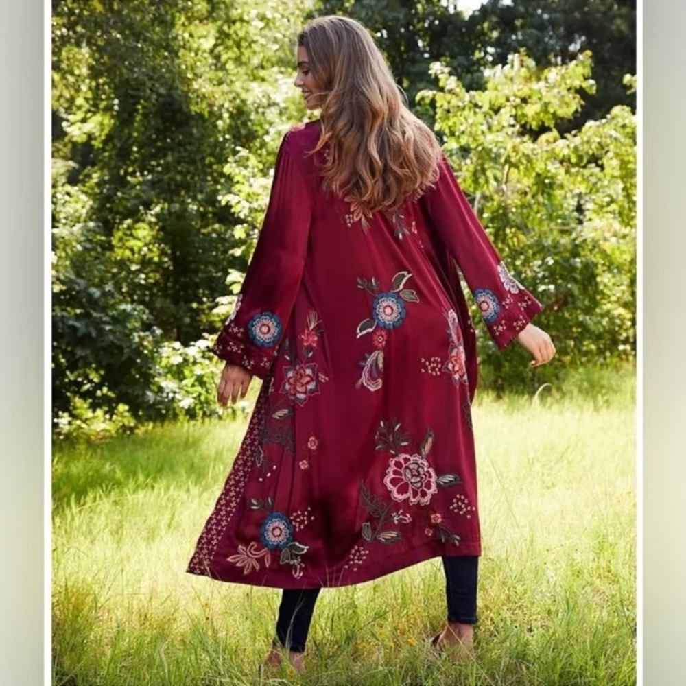 NWT S JOHNNY WAS Long Messine KIMONO COAT JACKET Floral Pomegranate embroidere